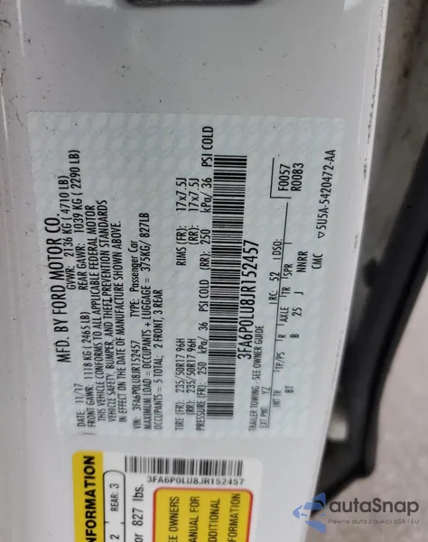 2018 Ford Fusion Se Hybrid из США, поврежденный, VIN 3FA6P0LU8JR152457